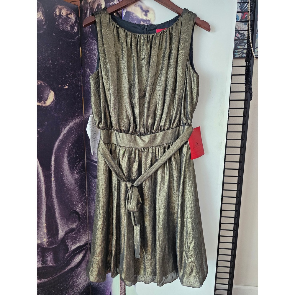 JS Collections Metallic Bronze Gold Crinkle Pleated Cocktail Dress 856736 Size 8